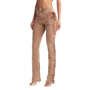 Jean en denim marron taille haute pour femme, avec détails en dentelle sur les côtés, coupe droite, décontracté, respirant, séchage rapide, pantalon d'été tendance, longueur intégrale - Product Image 1