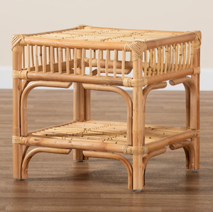 Table d'appoint en rotin naturel à 2 niveaux, table de chevet en osier, meubles en rotin faits à la main pour la chambre à coucher et le salon, style bohème vintage - Product Image 2