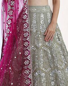 Women Traditional Indian Wedding Lehenga Set Embroidered <b>Silver</b> Skirt Maroon Blouse Floor-Length Silk <b>Dress</b> Regular Fit Digital - Product Image 3