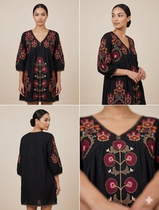 Vestido Mini Holgado de Algodón con Manga Corta y Cuello en V, Diseño Sólido con Detalle Floral y Bolsillos, para Mujer, Informal, para Fiestas - Product Image 3