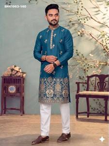 Ocassional wear Star Cotton with Embroidery Flower Butti & Elephant Motif work Knee-Length <b>Kurta</b>-Payjama Indian Exporter - Product Image 4