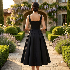 Elegante Vestido Midi Negro sin Mangas con Cuello Cuadrado, Estilo Vintage para Fiesta, Cóctel o Noche, con Dobladillo Acampanado, Moda Casual Chic para Mujer - Product Image 2