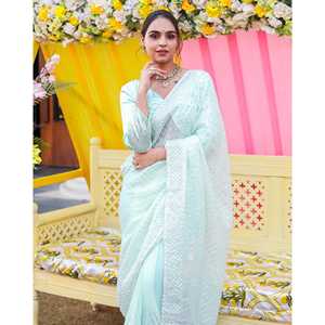 Produit très vendu : Saree indien en soie pour mariage et occasions spéciales, vêtements indiens et pakistanais, saree de mariage bleu menthe avec travail Gotta - Product Image 3