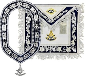 Tablier de Maître Ancien Maçon avec chaîne de col et bijou, en tissu bleu de type cuir, origine Pakistan - Product Image 6