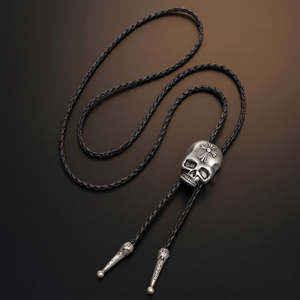 Cravate Bolo Rétro en Alliage avec Pendentif Tête de Mort – Cravate Cowboy Ajustable en Cuir Véritable pour Hommes et Garçons - Product Image 2