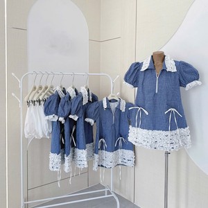 Robe Courte Vintage OEM à Carreaux, Manches Bouffantes, Bordure en Dentelle, Taille à Cordon, Silhouette Évasée, Respirante en Coton/Fibre de Bambou, Décontractée - Product Image 6