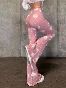Pantalon évasé taille haute à imprimé céleste pour femme, legging de yoga à jambe large, motif soleil et lune sur toute la surface, extensible, coupe cloche - Product Image 5