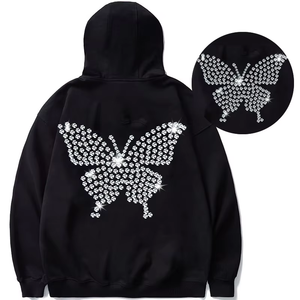 Nouveau sweat à capuche pour homme 100% coton écologique, avec transfert thermocollant de strass et cristaux personnalisés, sans cordon de serrage, effet diamant scintillant - Product Image 1