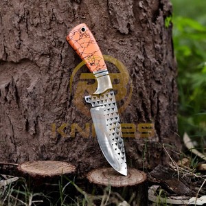 Couteau de chasse et de dépecage artisanal en acier Damas, manche en résine orange, lame pleine longueur, pour activités de plein air, camping, survie, OEM/ODM, DIY - Product Image 5