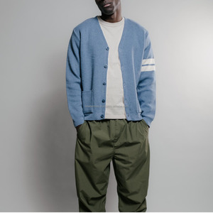 Custom Sky Blue White Men Winter Standard V-neck Cardigan College Acrylic Coarse Wool Knitted Vintage Jacquard Patch Designs - Product Image 4