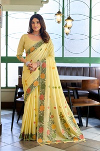 Sari de algodón con estampado floral amarillo y borde verde, traje tradicional indio para bodas, para mujer, corte regular, largo hasta el suelo. - Product Image 2