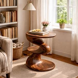 Solid Wood Spiral End <b>Table</b> Handcrafted Sculptural Round Accent Nightstand Natural Wooden Side <b>Table</b> <b>Stools</b> Ottomans - Product Image 1