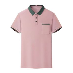 เสื้อโปโลผู้ชายสีชมพู แขนสั้น ผ้าปิเก้ สีพื้น สไตล์ลำลอง มีกระเป๋า คอเสื้อตัดสี เหมาะสำหรับกิจกรรมกลางแจ้ง เสื้อโปโลผู้ชาย - Product Image 4