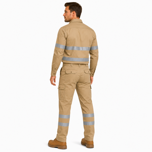 Unisex Hi Visibility <b>Waterproof</b> Workwear Uniform Long Sleeve Shirt Cargo Pants Set Reflective Tape Beige Cotton <b>Work</b> Suit - Product Image 6