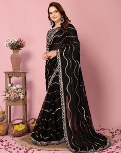 Sari de Mezcla de Seda Bordado al Estilo Bollywood KV - Product Image 3