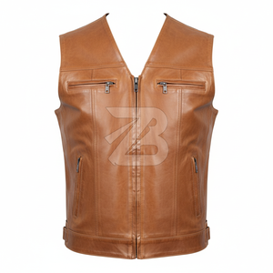 Venta al por mayor OEM: Chalecos y Chaquetas de Cuero Genuino para Hombre, Chaleco de Motociclista Color Bronceado con Múltiples Bolsillos y Cremallera Frontal, Proveedor Mayorista - Product Image 1