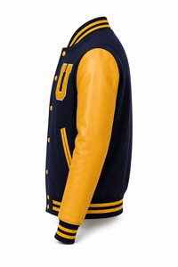 Veste universitaire unisexe bleu marine avec manches jaunes en laine/polyester, patchwork brodé lettre U, streetwear, col rabattu, hiver - Product Image 2