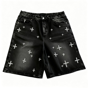 Jeans de Mezclilla Negros Desgastados de Alta Calidad para Hombre, Transpirables, con Bordado de Cruz de Pedrería, Estilo Casual Urbano para Verano - Product Image 1