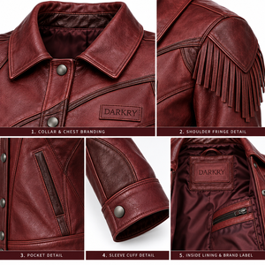 <b>Womens</b> Burgundy Fringe Real Leather <b>Jacket</b> Western Style Cropped <b>Tassel</b> Snap Coat Factory Odm - Product Image 6