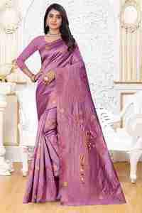<b>Purple</b> Silk <b>Saree</b> with Floral Embroidery Women India Pakistan Traditional Party Wedding Wear Regular Fit Floor Length Quick Dry - Product Image 2