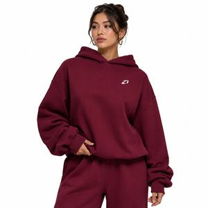 OEM Women's <b>Burgundy</b> Solid Color <b>Hoodies</b> Heavy Cotton Fleece Oversized Drop Shoulder Pullover Private Label Wholesale Supplier - Product Image 1