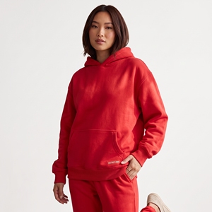 custom womens bright <b>red</b> pullover <b>hoodie</b> front pouch pocket plain blank heavyweight fleece drop shoulder loose fit sweatshirts - Product Image 1