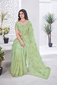 Green Embroidered <b>Tissue</b> Net Saree Blouse Women Traditional <b>Wedding</b> Wear India Pakistan Style Floor-Length Regular Fit Quick Dry - Product Image 4
