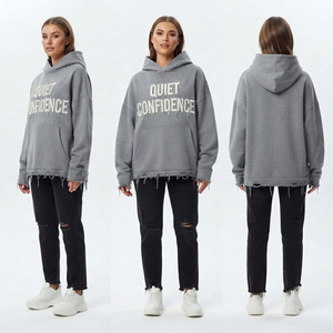 Sweat à capuche oversize pour femme en molleton bouclette avec ourlet effiloché et broderie vieillie, idéal pour l'hiver - Product Image 5