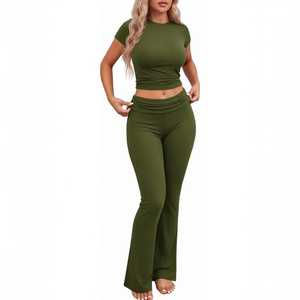 Women's 2 Piece Crop Top & High Waist <b>Flare</b> <b>Leggings</b> Set Short Sleeve Fitted Yoga Lounge Wear Solid Color Breathable - Product Image 1
