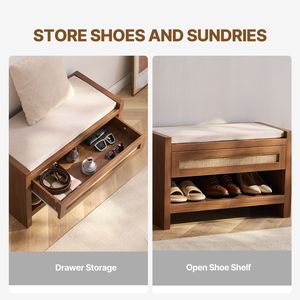 Panca Portascarpe in Rattan da 78,5 cm con Cassetto Contenitore, Stile Rustico Boho, Panca da Ingresso con Semplice Cuscino in Lino - Product Image 5