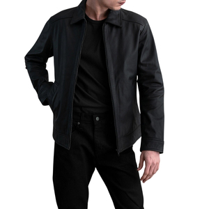 Veste en cuir véritable noire pour homme, col rabattu, fermeture éclair, style motard - Product Image 5
