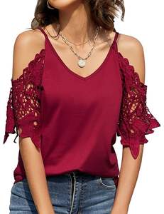 Womens Blouse Cotton Summer <b>Heart</b> Print Off Shoulder Lace Trim Floral Applique Breathable Long Casual <b>Sweet</b> Top - Product Image 2
