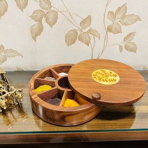 Multipurpose Wooden Masala Box With Partition <b>Storage</b> For Spices Condiments Dry Fruits And Kitchen Essentials - Product Image 3