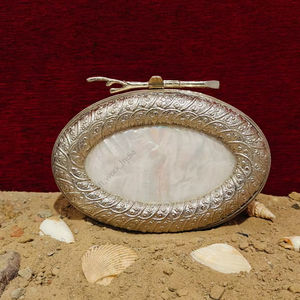 Indian Handcrafted Brass Oval Clutch with Engraved Frame Mother Pearl Inlay Luxury Evening Wedding Party Handbag - Product Image 1
