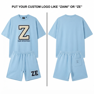 ZAINI Men's Summer Casual Breathable 280 GSM 100% Polyester Oversized T-Shirt <b>and</b> <b>Shorts</b> <b>Set</b> Dusty Blue Custom Chenille Logo - Product Image 1