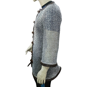 Camisa de Cota de Armadura Medieval Hecha a Mano, de Media Manga, con Anillos de Aluminio Remachados Planos y Ribete de Cuero, Armadura Histórica de Caballero, Disfraz para Adulto - Product Image 4