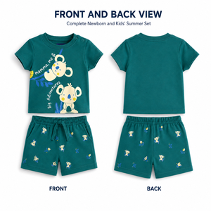 Ensemble T-shirt et short en coton tricoté imprimé koala Foxcotton Club, col rond, tenue décontractée d'été pour homme, vert - Product Image 2
