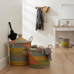 Handmade Colorful Coiled Seagrass <b>Basket</b> <b>with</b> <b>Lid</b> for Laundry Storage Closet Decor Eco-Friendly Organizer Bin - Product Image 6