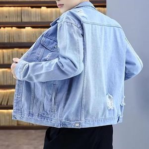 Men's Light Blue Denim Jacket Casual Button Front Distressed Ripped Solid Color Regular Fit Spring Washable 100% Cotton - Product Image 2