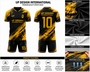 ชุดเสื้อฟุตบอลสีดำทองแบบซับลิเมชั่นพร้อมกางเกงขาสั้น ชุดกีฬาโพลีเอสเตอร์ระบายอากาศได้ดี สำหรับทีมฟุตบอล ชุดยูนิฟอร์มสำหรับผู้ใหญ่ - Product Image 5