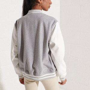 Women's Gray Varsity Jacket With <b>White</b> Sleeves Full Sleeve <b>Button</b> Up Collar Solid Color Woven Polyester Cotton Autumn Wear - Product Image 2