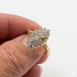 Bague Cocktail Bypass en Or Jaune Massif 14K de Style Vintage Faite à la Main avec Grappe de Diamants en Forme de Marquise pour Femme, Bague Empilable - Product Image 2