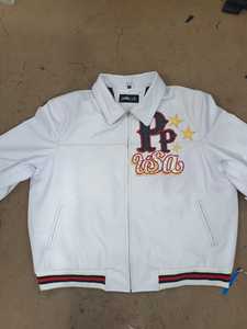 แจ็คเก็ตหนัง Pellepelle แจ็คเก็ตบอมเบอร์หนังสีขาวสำหรับผู้ชาย ปักโลโก้ สตรีทแวร์ ฤดูใบไม้ร่วง ปกคอพับ ซิปด้านหน้า OEM - Product Image 4