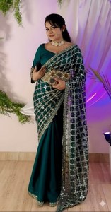 Sari Fandy en satin effet miroir, dentelle royale effet miroir, pallu en organza, bordure fantaisie premium effet miroir, bordure lourde - Product Image 5