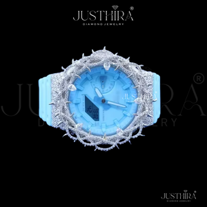 Reloj digital azul hip hop audaz con bisel plateado con diseño de espinas y piedras brillantes para un estilo de joyería moderno - Product Image 2