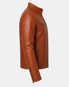 Blouson de motard en cuir véritable pour homme, coupe ajustée, style streetwear, col mandarin, avec lettres en toile, pour l'hiver, designs de mode personnalisés - Product Image 3