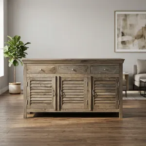 Buffet en bois à 3 panneaux avec 3 tiroirs, design rustique pour salon, salle à manger, meubles de maison - Product Image 3