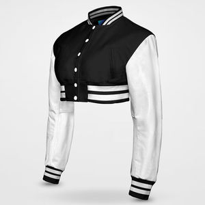 Veste universelle en jean PU style universitaire noir et blanc, coupe punk rock, longueur standard, col montant, simple boutonnage, coupe ajustée, pour l'hiver - Product Image 1