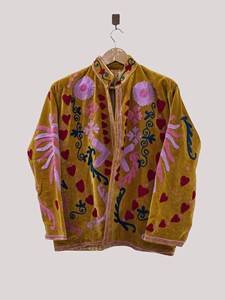 Chaqueta de Terciopelo con Bordado Floral a Mano, Cuello Mandarín, Manga Larga, Talla Grande, Blazer Otoñal para Mujer - Product Image 1