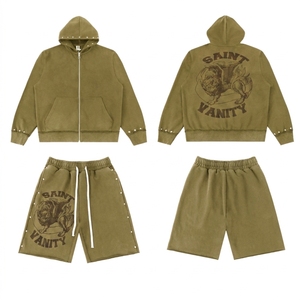 High Quality Rivet Mens 2 Piece Set American Acid Washed Streetwear 100% Cotton Knitted Shorts Pants Saint Vanity Hoodies - Product Image 3